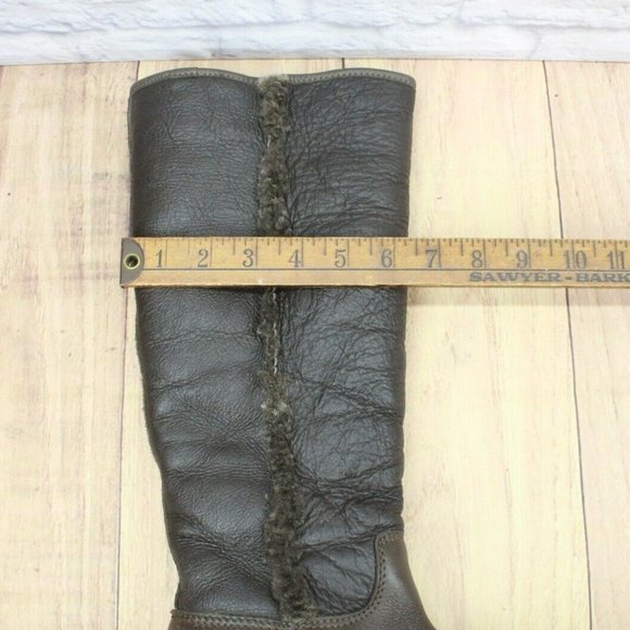 LL Bean Brown Leather Pull On Faux Fur Heeled Tall Boots Size 8 - Picture 7 of 11